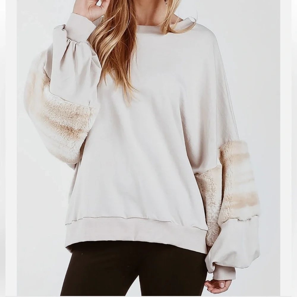Young Fabulous & Broke Faux Fur Sleeve Sweatshirt - Picture 2 of 8